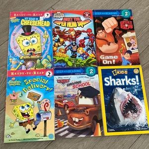 Easy to read books level 2 - Cars, SpongeBob, spiderman, wreck it Ralph, sharks